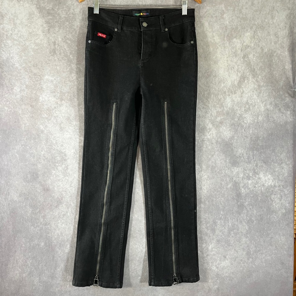 Teddy Fresh Front Zip Jeans Womens 8 Black High Rise Embroidered Denim Pants‎